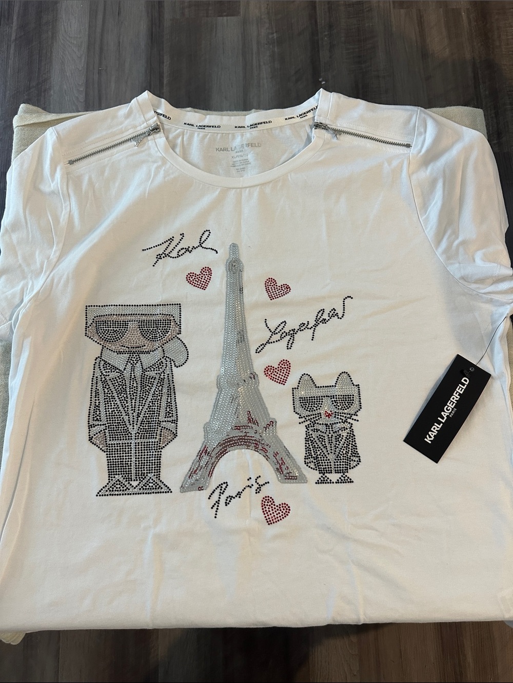 Karl Lagerfeld White Kids Tee with Eiffel Tower & Character Rhinestone Motif